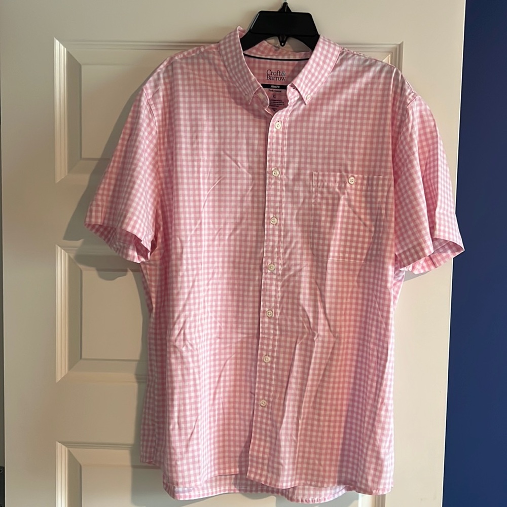 Croft & Barrow Mens Slim Fit Short Sleeve Stretch Casual Shirt Pink Pattern